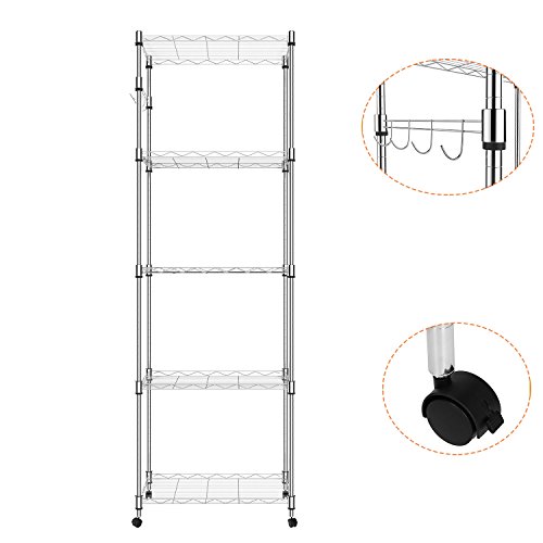 5 Tier Steel Wire Shelving with Wheels Shelving Storage Organizer Rack for Kitchen Bathroom Balcony Living Room - Silver US STOCK