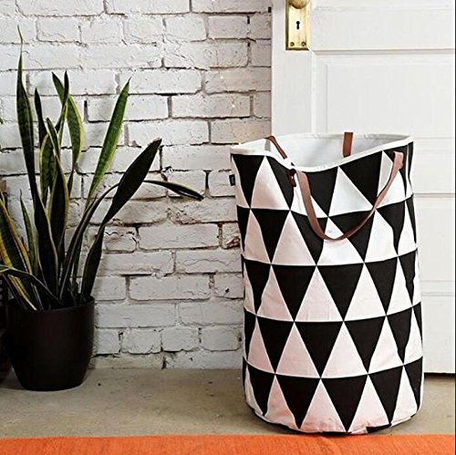 Hiltow Semicircle Grid Pattern Hanging Bag Baby Kids Toy Clothes Canvas Laundry Basket Storage Bag with Leather Handles 16X 20 inch