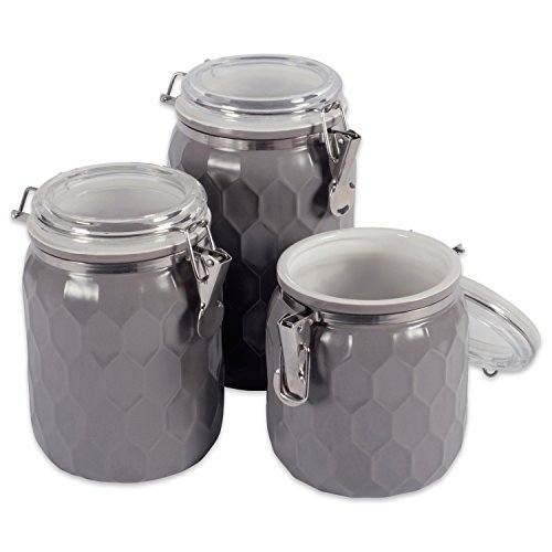 DII 3 - Pieces Modern Honeycomb Ceramic Kitchen Canister Jar With Airtight Clamp Lid For Food Storage Serve Coffee Sugar Tea Spices and More - Gray
