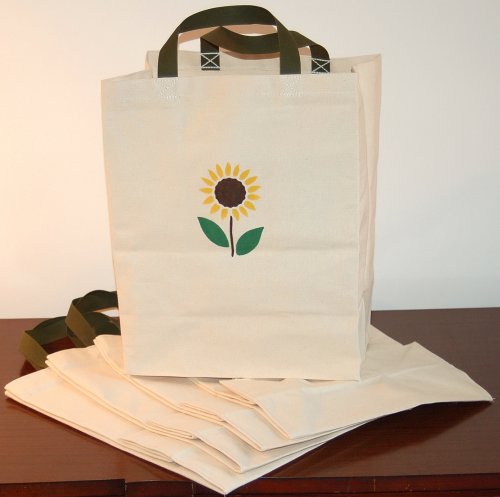 Turtlecreek Cotton Canvas Grocery Tote Bags with Sunflower - Regular Size - 5 Pack
