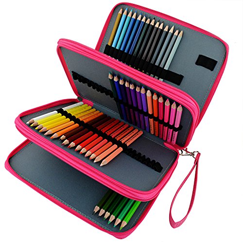 124 Slot Pencil Case - Pistha PU Rose Red Pencil Bag with 124 Pencil Slot and 3 Large Eraser or Sharpener Slot