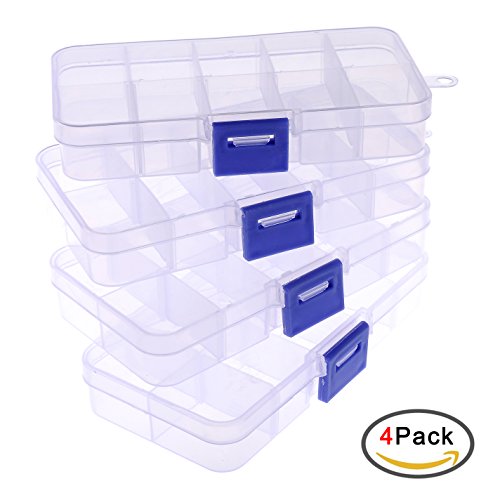 10 Grids Clear Plastic Jewelry Box Organizer Storage Container with Adjustable Dividers 5 x 26 x 086 4 Pack 10 Grids