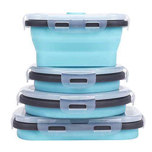 Collapsible Silicone Food Storage Containers with Airtight Lids Set of 4 Stacking Container for KidsMicrowave and Freezer and Dishwasher Safe with Vent Valve BPA Free (350ml and 500ml)