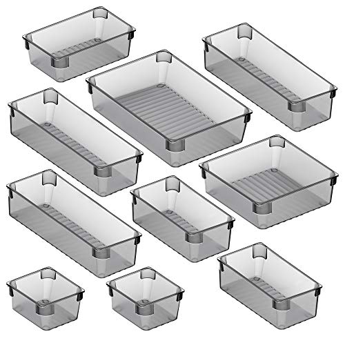 Puroma 10pcs Desk Drawer Organizer Trays 5 Different Sizes Large Capacity Plastic Bins Kitchen Drawer Organizers Bathroom Drawer Dividers for Makeup Kitchen Utensils Jewelries and Gadgets (Grey)