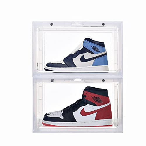 Mingerder 2 pack acrylic large shoe boxes clear plastic stackable magnetic door basketball sneaker cases for sneakerheads dustproof antioxidation shoe organizer box large size mens sneaker storage box (transparent)