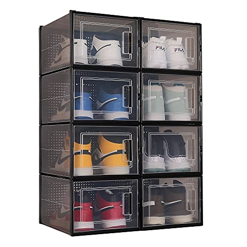 QualiapeX Large Translucent Black Shoe Storage Boxes Clear Plastic Stackable Sneaker Display Drawer Storage Bins Shoe Container Organizer 8 Pack