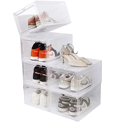 VIDOR Shoe Boxes Clear Plastic Stackable6 Pack Shoe Storage Box Organizer for ClosetsSneakersPlastic Shoe Boxes with lidsEasy AssemblyFit for US Size 12(Clear)