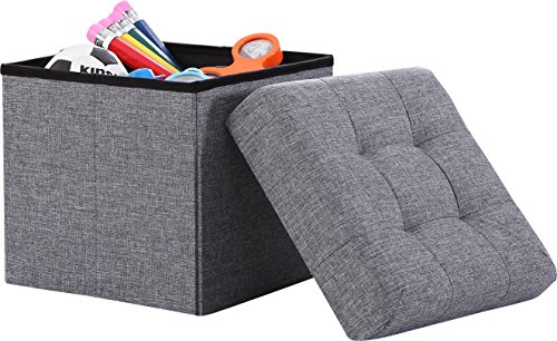 Ornavo Home Foldable Tufted Linen Storage Ottoman Square Cube Foot Rest StoolSeat  15 x 15 x 15 (Grey)