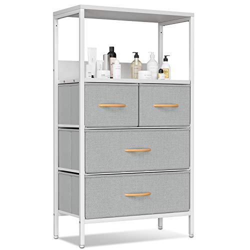 CubiCubi Dresser Storage Tower 4 Drawers Fabric Organizer Unit with shelves for Bedroom Hallway Entryway Closets Small Dresser Clothes Storage with Sturdy Steel Frame Wood Top Light Grey