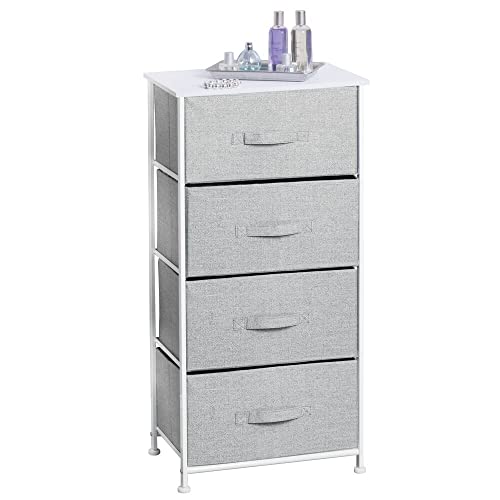 mDesign Tall Dresser Storage Tower Stand  Sturdy Steel Frame Wood Top 4 Drawer Easy Pull Fabric Bin  Organizer for Bedroom Hallway Entryway Closet  Textured Print  GrayWhite