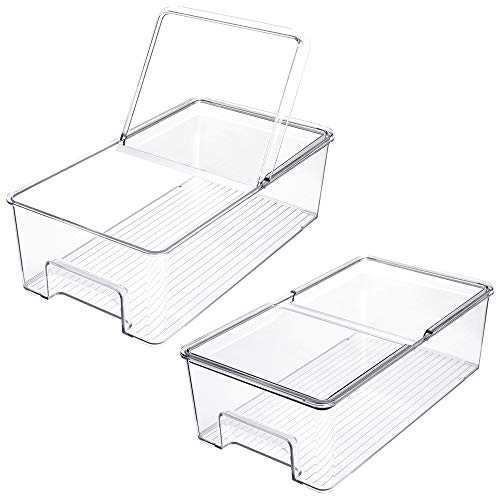 SANNO Vegetable Refrigerator Organizer Food Bins with lids Large Stackable Fridge Clear Organizers Kitchen Cabinet Organizer for Freezer Kitchen Countertops Cabinets Pantry Storage Rack，set of 2