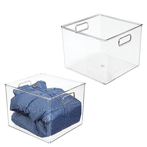 mDesign Small Modern Stackable Plastic Storage Organizer Bin Basket with Handle for Home Closet Organization  Shelf Cubby Cabinet and Cupboard Organizing Decor  Ligne Collection  2 Pack  Clear