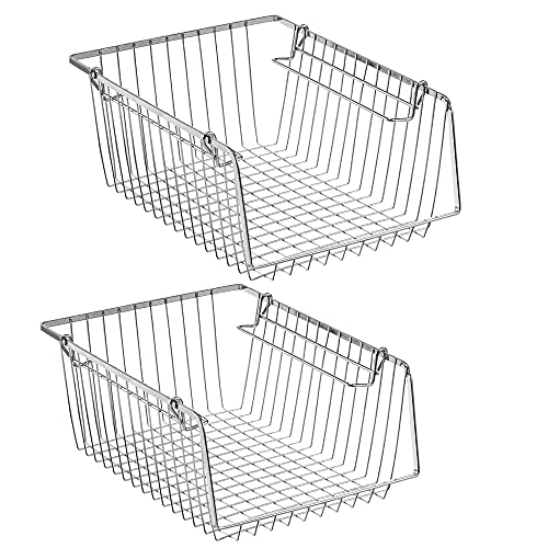 blitzlabs 14 Large Storage Baskets Stackable Organizer Basket Bins  Stacking Household Wire Baskets with Handles Storage Organization for Kitchen Pantry Bathroom Cabinets Closets Bedrooms Set of 2