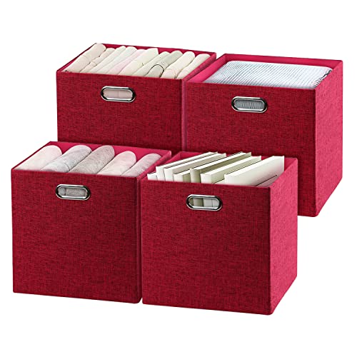 Posprica Storage Bins13×13 Foldable Storage Cube Baskets Fabric Storage Boxes Containers Drawer Organizers 4pcs (Red More Pink)