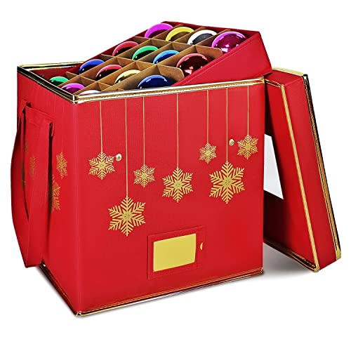 Premium Christmas Ornament Storage Box with Dividers 4 Layer Xmas Storage Containers Keeps 64 Holiday Ornaments Heavy Duty 600D Oxford Fabric ( Red )