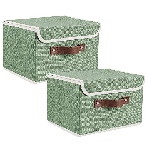 Lucky Monet 2 Pack Linen Fabric Foldable Storage Bin Set Collapsible Storage Box Cube Closet Organizer with Lid  Faux Leather Handle 10x8x7 (Green)