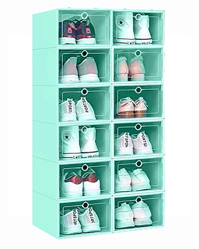 12 Pack Stackable Shoe Storage Organizer Plastic with Lid Clear Shoe Boxes Drop Front  Shoe Containers Bins for Mens Sneaker Womens High Heels  Easy to Assemble (Green)