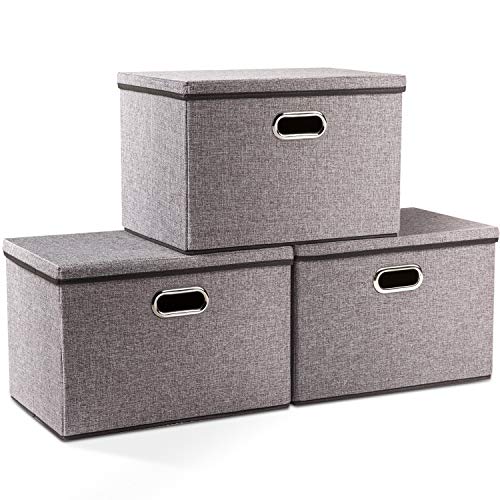 PRANDOM Large Collapsible Storage Bins with Lids 3Pack Linen Fabric Foldable Storage Boxes Organizer Containers Baskets Cube with Cover for Home Bedroom Closet Office Nursery (177x118x118)