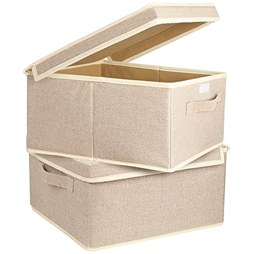 XYXYLY 2 Packs Foldable Storage Bins with Lid Collapsible Fabric Storage Box with Cover Stackable Cube Closet Organizer Containers for Bedroom Office Closet Home Nursery Bathroom Pantry，Beige