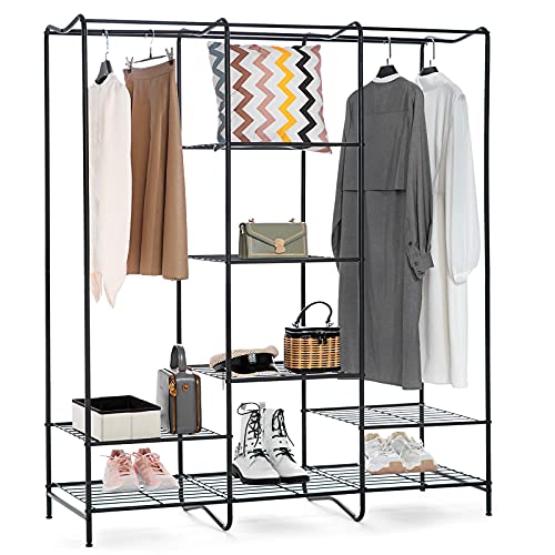 Freestanding Garment Rack SimpleWise Hanging Clothes Rack Closet Organizers and Storage with 8 shelves Open Wardrobe Rack for Hanging Clothes Heavy Duty Metal Black