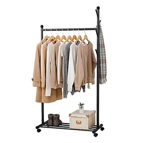 Portable Clothing Hanging Garment Rack Folding Clothes Rack Rolling Garment Rack Rolling Clothes Organizer with Wheels and Bottom Shelves for Laundry Bedroom Bathroom etc