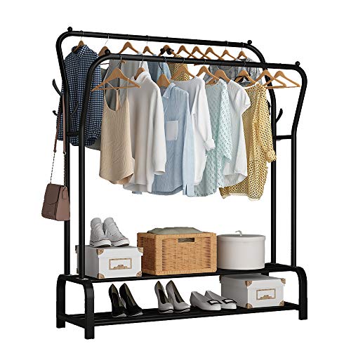 UDEAR Garment Rack Freestanding Hanger Double Rods Multifunctional Bedroom Clothing Rack Double layer ，4 Hooks，Black