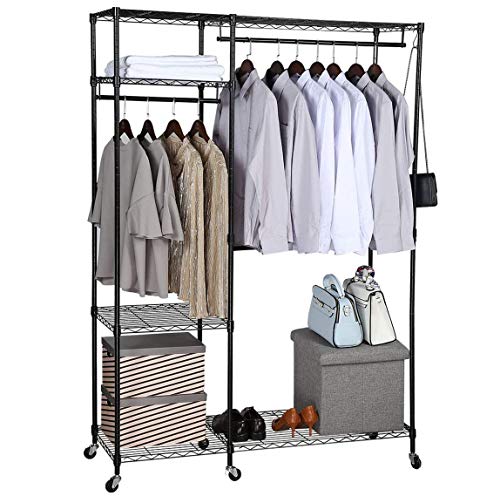 BRIAN  DANY Freestanding Closet Garment Rack Heavy Duty Clothes Wardrobe Rolling Clothes Rack Closet Storage Organizer with Hanger Bar Contains 10 s hooksBlack