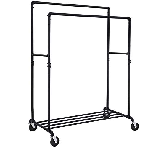 SONGMICS Heavy Duty Clothes Rack Industrial Pipe Clothing Rack with Shelf Double Rod Garment Rack on Wheels Commercial Grade for Hanging Clothes Storage Display Black UHSR60B