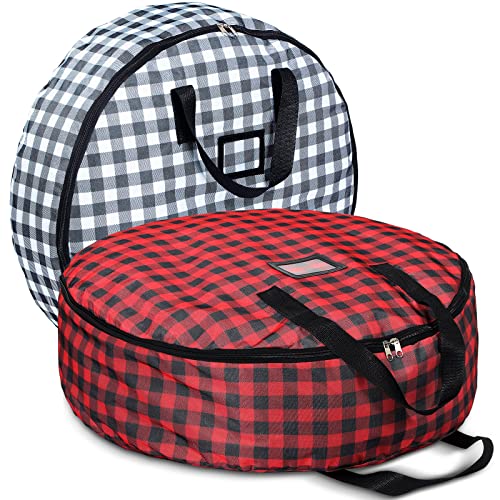 2 Pieces Christmas Buffalo Plaid Wreath Storage Bag Christmas Wreath Storage Container Garland Holiday Container with Dual Zippers and Handles Seasonal Wreath Storage for Xmas Holiday (30 Inches)