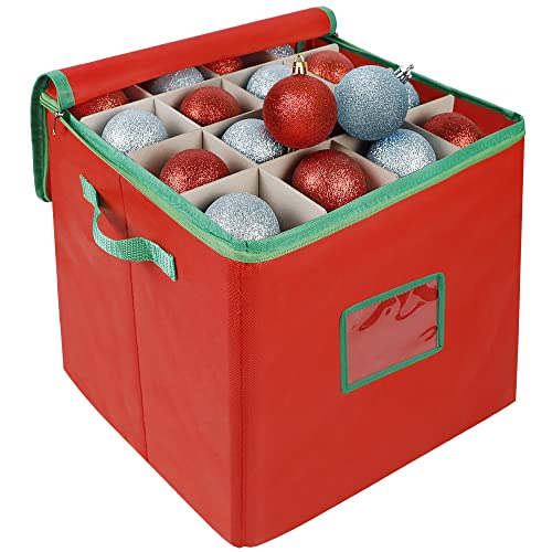 Blissun Christmas Ornament Storage Box Holiday Ornament Storage Container with 4 Trays Holds Up to 64 Ornaments Ball with Adjustable Compartments and Carry Handles (Red)
