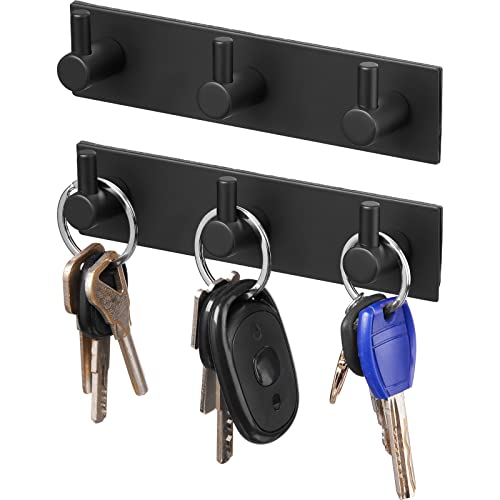 Key Holder for Wall Set of 2 Adhesive Key Holder Stainless Steel 3 Key Hooks Holder Rack Modern Key Hooks Hanger for Wall Home Kitchen Entryway Hallway Office Cabinet Bathroom (Black)
