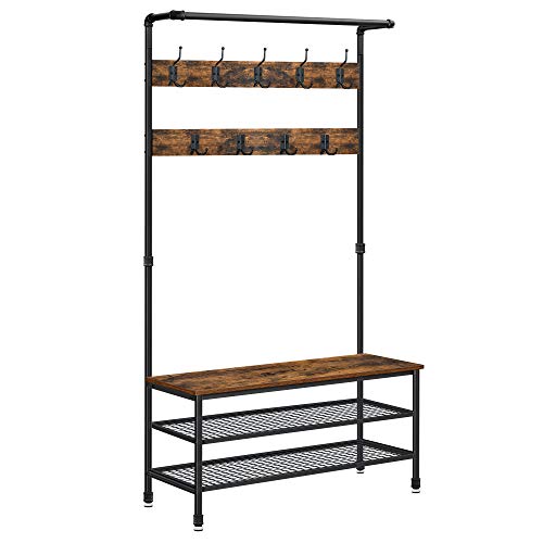 VASAGLE DAINTREE Coat Rack and Storage Bench Pipe Style Hall Tree with 9 Hooks Multifunctional Sturdy Steel Frame Large Size Industrial Rustic Brown and Black UHSR47BX