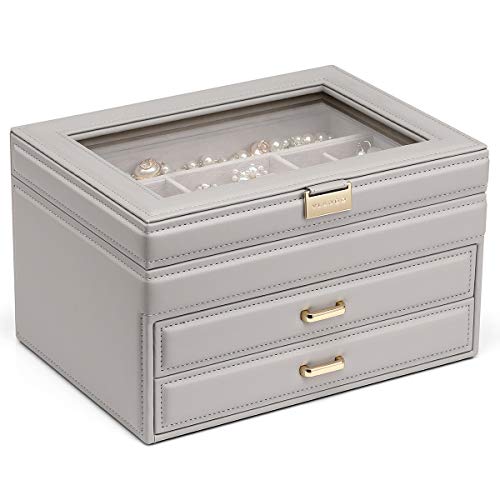Vlando Jewelry Organizer Box for Girls Women 3 Layer Large Jewelry Boxes with 2 Drawers Glass Lid Leather Jewelry Storage for Necklaces Earrings Rings Bracelets Watches Travel Mothers Day Birthday Wedding Gifts(Grey)
