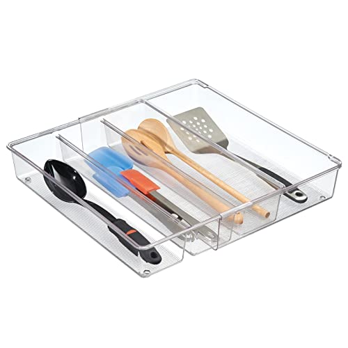 mDesign Plastic AdjustableExpandable Drawer Storage Organizer w 4 Compartment for Kitchen Bathroom Bedroom Office Holds Silverware Utensils Gadgets Cutlery  Ligne Collection  Clear