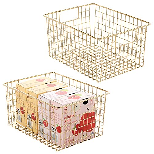 mDesign Farmhouse Decor Metal Wire Stackable Food Storage Organizer Bin Basket with Handles  for Kitchen Cabinets Pantry Bathroom Laundry Room Closets Garage 2 Pack  Soft Brass