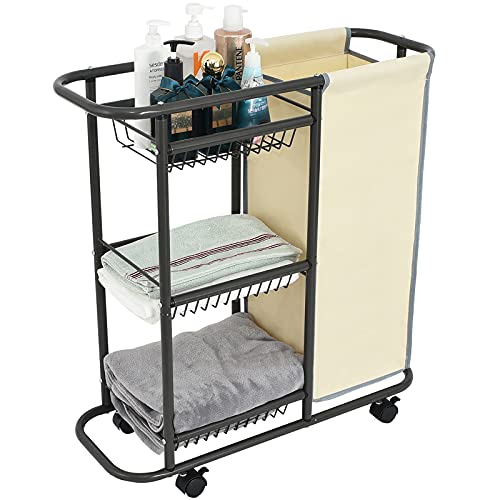 Lucalda Laundry Sorter Cart Movable Bathroom Organizer Gray Laundry Storage Baskets with Heavy Duty Rolling Wheels 3Tier Storage Shelves with 1 Bag for Clothes