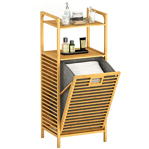 Laundry Hamper Bamboo Laundry Basket with Liner Bag Storage Hamper with Handles 2Tier Shelves Space Saving Laundry Room Shelves for Bathroom Living Room Bedroom Decorate