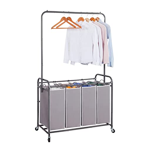 STORAGE MANIAC Laundry Sorter with Hanging Bar Laundry Hamper Cart with Heavy Duty Rolling Lockable Wheels and Removable Bags Rolling Laundry Basket Organizer 4 Section