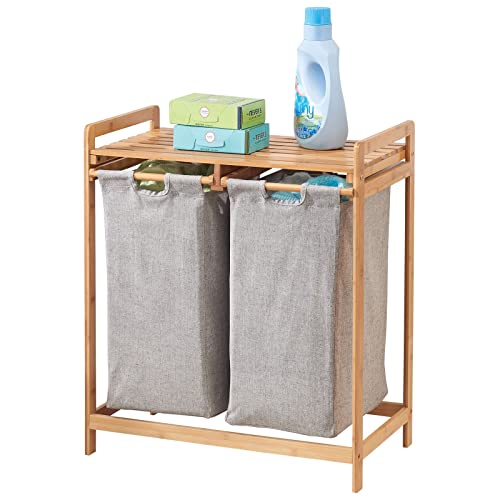 mDesign Large Freestanding Portable Bamboo Double Laundry Basket Hamper Organizer  Easy Carry Removable Storage Sorter Bag with Handle for Folding Clothes Space Saving Laundry Hamper Natural Finish