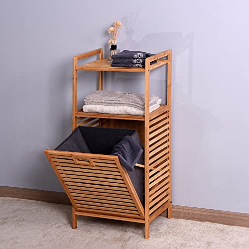 SSLine Bamboo Laundry Hamper Cabinet Organizer Floor Stand Bathroom Storage Shelf Cabinet with Tilt Out Laundry Basket Dirty Clothes Bag for Laundry Room Bathroom Bedroom Closet