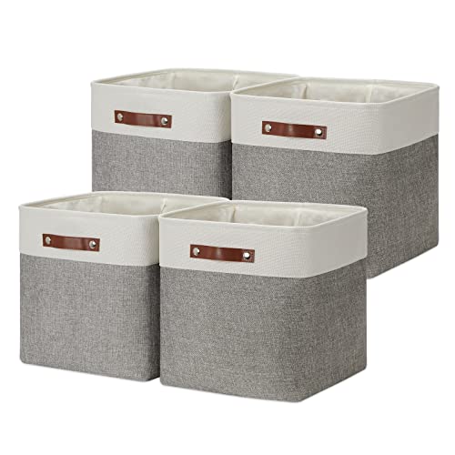 DULLEMELO Cube Storage Baskets13 x 13 x 13 inch Fabric Storage Cubes for ShelvesCollapsible Linen Canvas Closet Storage Bins for Home Organization and Storage(WhiteGrey)