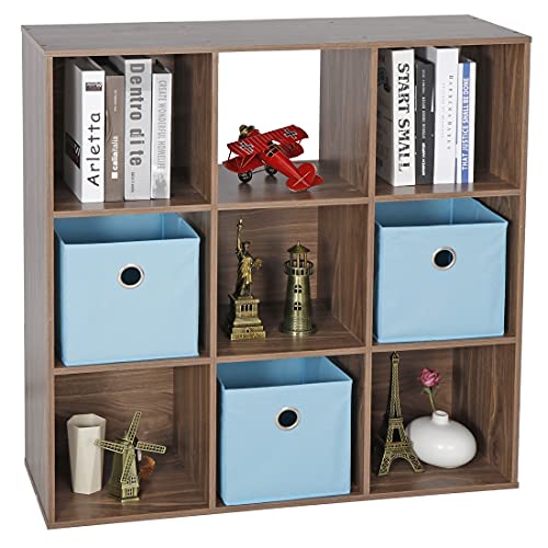 ZenStyle 9 Cube Storage Shelf Organizer Wooden Bookshelf System Display Cube Shelves Compartments Customizable W 5 Removable Back Panels (Brown)
