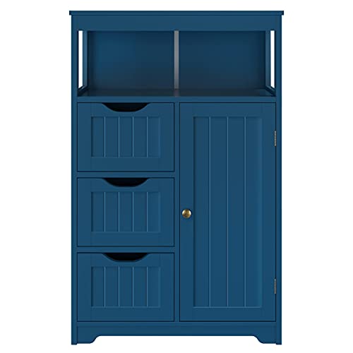 Topeakmart Wood Bathroom Floor Cabinet Free Standing Storage Cabinet with 3 Drawers and Cupboard HallwayEntryway Cabinet Living Room Accent Furniture Navy Blue