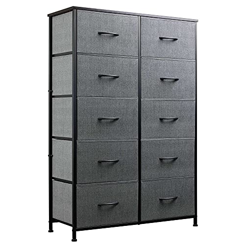 WLIVE 10Drawer Dresser Fabric Storage Tower for Bedroom Hallway Nursery Closets Tall Chest Organizer Unit with Textured Print Fabric Bins Steel Frame Wood Top Easy Pull Handle Charcoal Gray