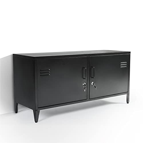 HOPUBUY Black Metal Storage Cabinet Steel Locker Cabinet with Removable Shelves and 2 Locking Doors Wall TV Stand and Small Storage Cabinets for Home Garage Office Bedroom