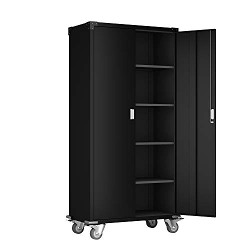 AOBABO 72 Tall Metal Storage Cabinet with Wheels Black Color Storage Filing Cabinet with Door and ShelvesMetal Rolling Utility Cabinet for Office Home Garage KitchenAssembly Required
