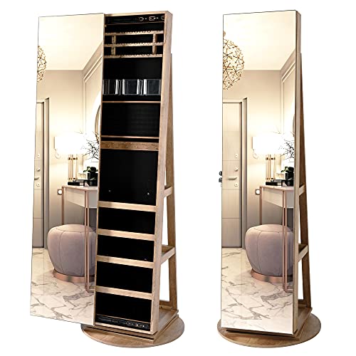LVSOMT 360° Swivel Jewelry Cabinet with FullLength Body Dressing Mirror Large Capacity Jewelry Organizer Armoire Lockable Floor Standing Mirror with Back Storage Shelves for Bedroom Cloakroom