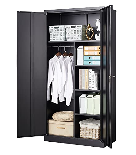 MIIIKO Steel Combination Storage Cabinet with 4 Shelves 2 Lockable Doors Office Home Organizer Storage with Hanging Rod