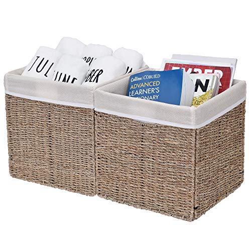 StorageWorks Rectangular Wicker Baskets for Shelves Seagrass HandWoven Baskets with Linings Medium 102 x 102 x 106 inches 2Pack