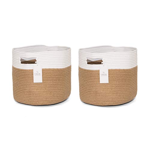 Chloe and Cotton Woven Fabric Cube Storage Baskets Jute White with Handles  Set of 2  Cute Decorative Bins Containers Organizers For Cubes Shelves Bookcases Cubbies Organizing Containers
